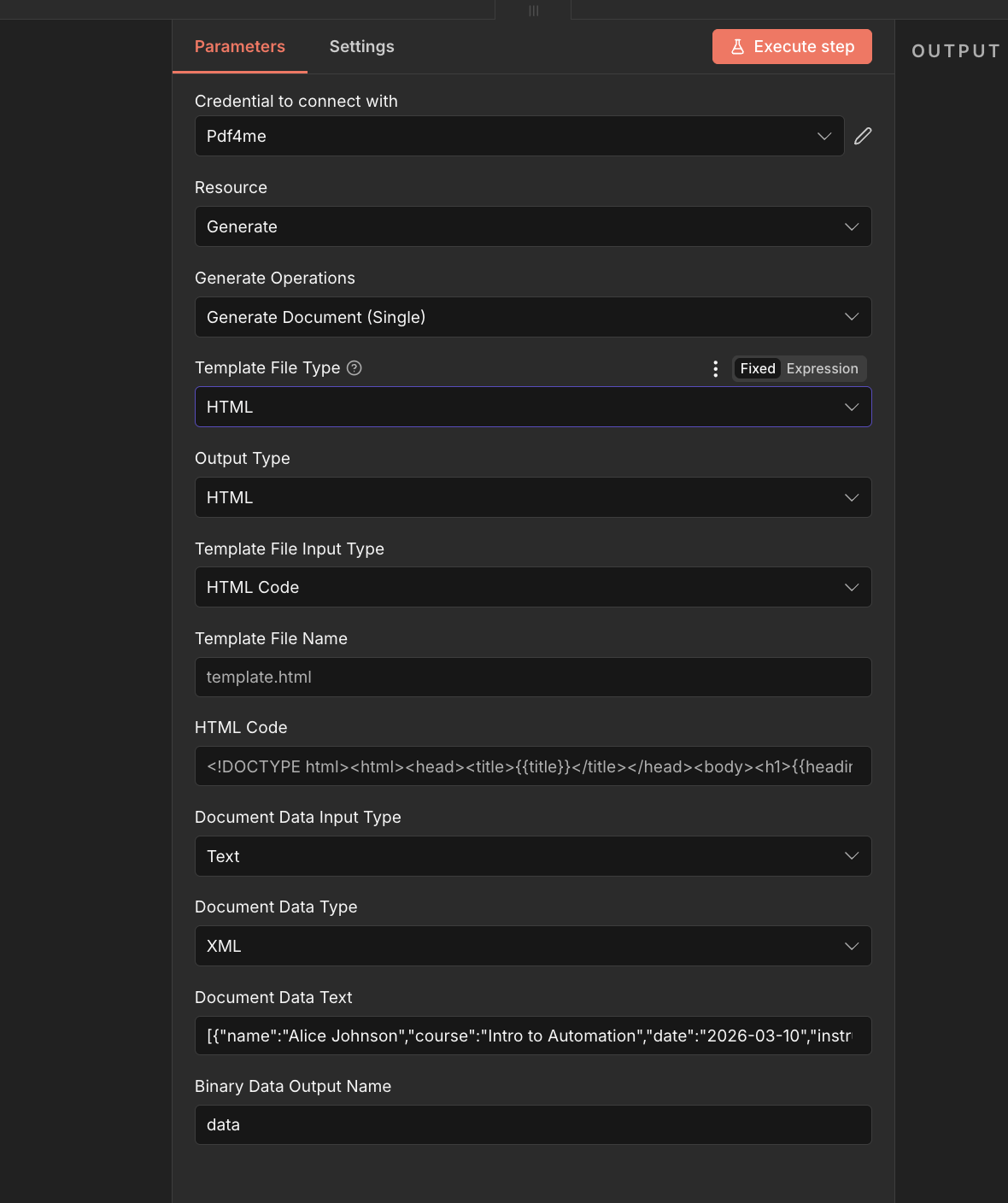 Generate Document (Single) n8n node configured with Template File Type HTML, Output Type HTML, Template File Input Type HTML Code, Template File Name template.html, HTML Code editor showing pasted DOCTYPE template, Document Data Input Type Text, Document Data Type XML, Document Data Text sample JSON array data, Binary Data Output Name data
